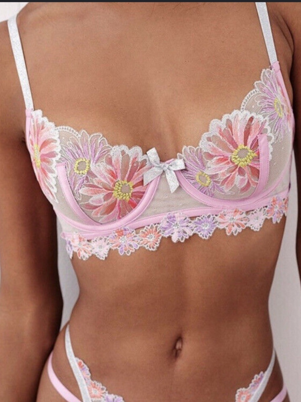 For Love And Lemons Aster Pink Floral Embroidered Balconette Bra